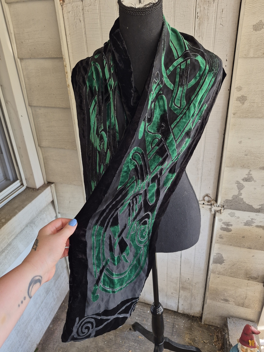 Black Velvet Burnout Scarf with Emerald Green Celtic Design